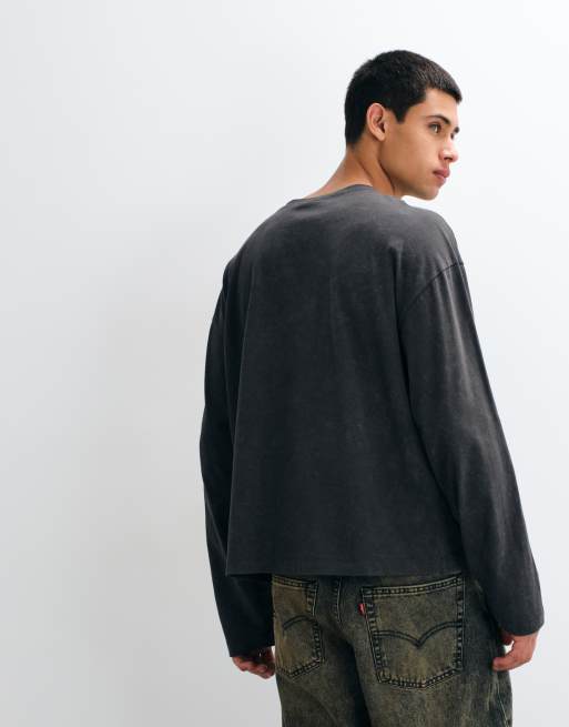 ASOS DESIGN boxig oversize långärmad t-shirt med tryck i tvättad svart, 3 av 5