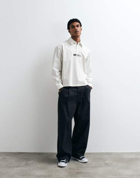 ASOS DESIGN boxig oversize poplinskjorta med ränder och broderi i beige - view 1