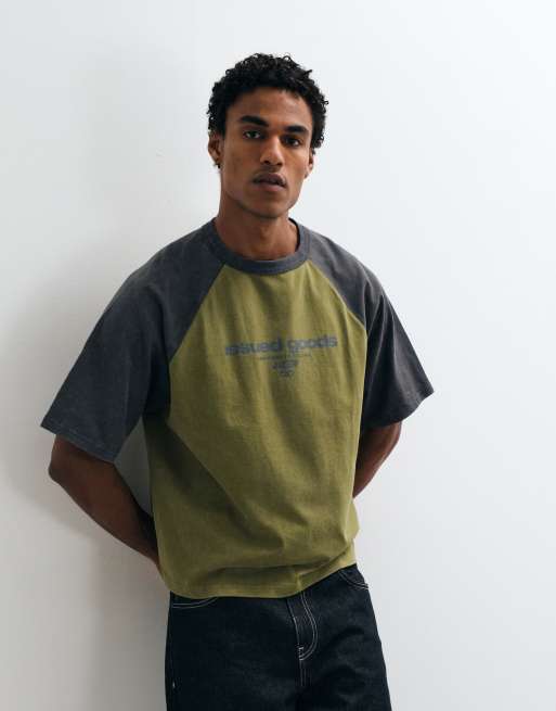 ASOS DESIGN boxig oversize raglan-t-shirt med text i urtvättad grön, 3 av 5