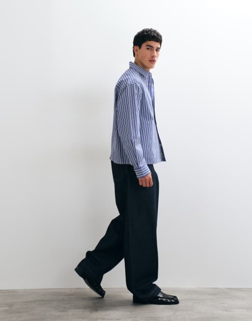 ASOS DESIGN boxig oversize randig poplinskjorta i blått, 4 av 5
