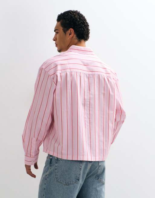 ASOS DESIGN boxig oversize-randig skjorta med grafiskt tryck framtill i rosa, 4 av 5