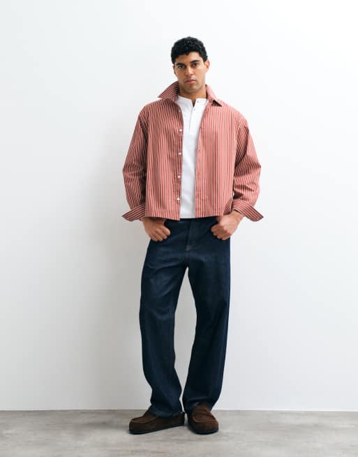 ASOS DESIGN boxig oversize-randig skjorta med placerade tryck i rött, 2 av 5