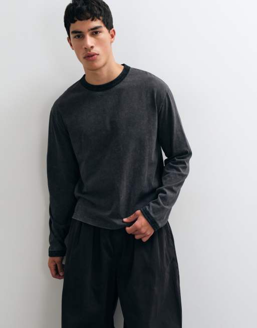 ASOS DESIGN boxig oversize ringer-topp tvättad med långa ärmar i charcoal, 4 av 5