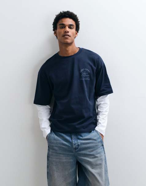 ASOS DESIGN boxig oversize t-shirt med dubbla ärmar och brösttryck i marinblått - view 1