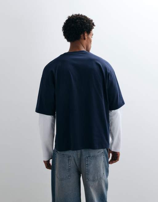 ASOS DESIGN boxig oversize t-shirt med dubbla ärmar och brösttryck i marinblått, 3 av 5