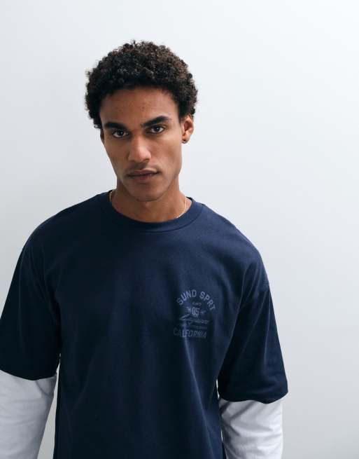 ASOS DESIGN boxig oversize t-shirt med dubbla ärmar och brösttryck i marinblått, 4 av 5