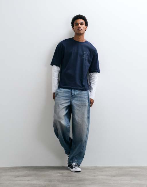ASOS DESIGN boxig oversize t-shirt med dubbla ärmar och brösttryck i marinblått, 5 av 5