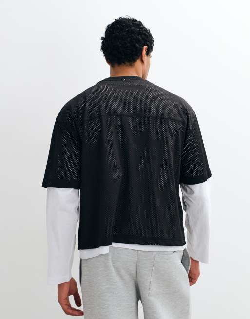 ASOS DESIGN boxig oversize-t-shirt med dubbla lager i vitt och svart sportmesh, 5 av 5