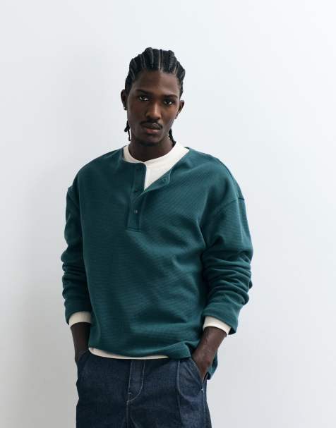 ASOS DESIGN boxig oversize-t-shirt med henley-ringning i mörkgrön - view 1