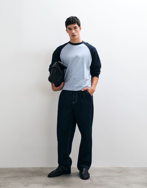 ASOS DESIGN boxig oversize t-shirt med långa raglanärmar i blått, 2 av 5
