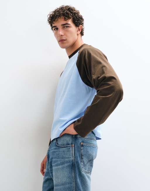 ASOS DESIGN boxig oversize t-shirt med långa raglanärmar i blått, 3 av 8