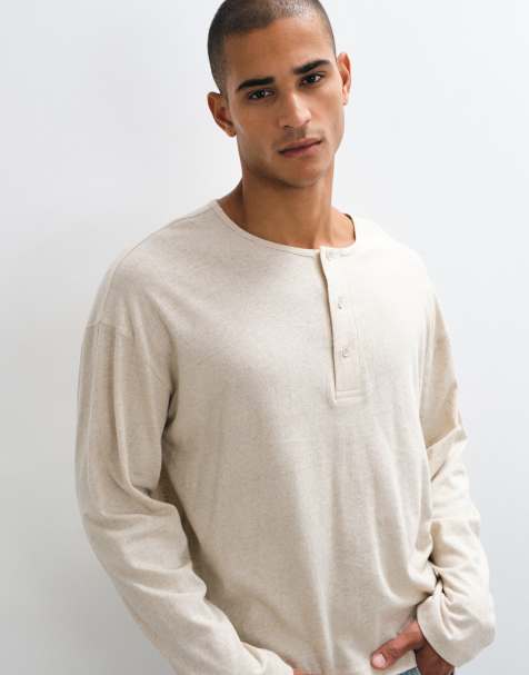 ASOS DESIGN boxig oversize-t-shirt med linne och henley i beige - view 1
