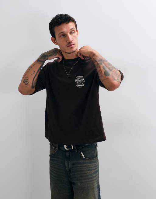 ASOS DESIGN boxig oversize-t-shirt med textbroderi i brunt, 5 av 5