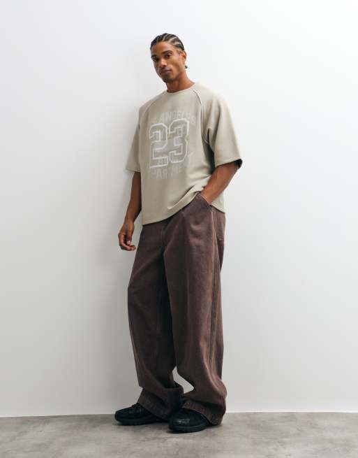 ASOS DESIGN boxig oversize-t-shirt med tryck och passpoal i grå piké, 3 av 5