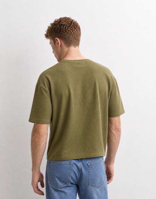 ASOS DESIGN boxig oversize-t-shirt med vävd henley i khaki waffle, 10 av 10