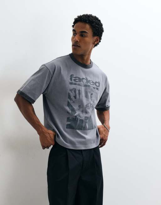 ASOS DESIGN boxig oversized ringer-t-shirt med tryck i tvättad grå, 3 av 5