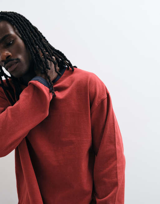 ASOS DESIGN boxig oversized tvättad topp med kontrastkant och långa ärmar i rött, 3 av 5