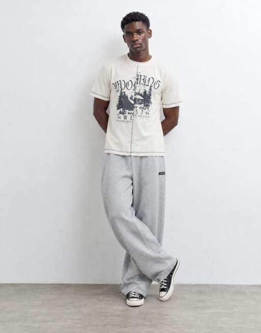ASOS DESIGN boxig t-shirt med kontrastsömmar och landskapstryck i benvit, 6 av 10