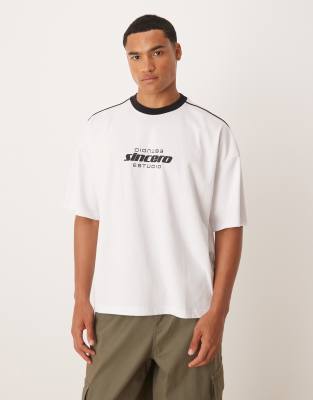 Asos Design Boxy 220gsm T-shirt With Piping And Print In White