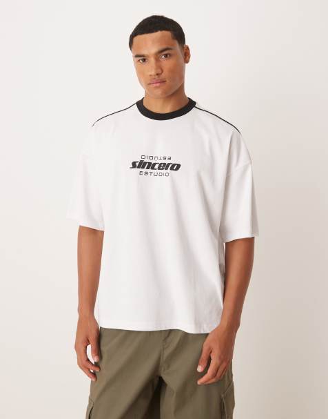 ASOS DESIGN boxy 220gsm T-shirt with piping and print in white - view 1