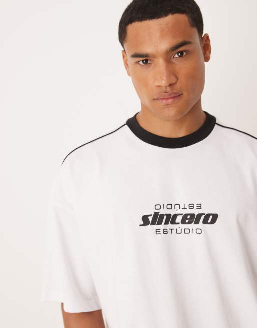 ASOS DESIGN boxy 220gsm t-shirt with piping and print in white , 2 of 4