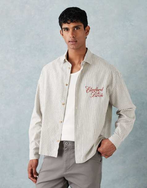 ASOS DESIGN boxy 90s oversized shirt in ecru stripe with chest print - view 1