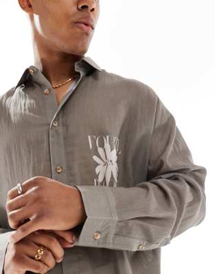 Asos Design Boxy 90s Oversized Textured Sheer Shirt With Chest Print In Gray