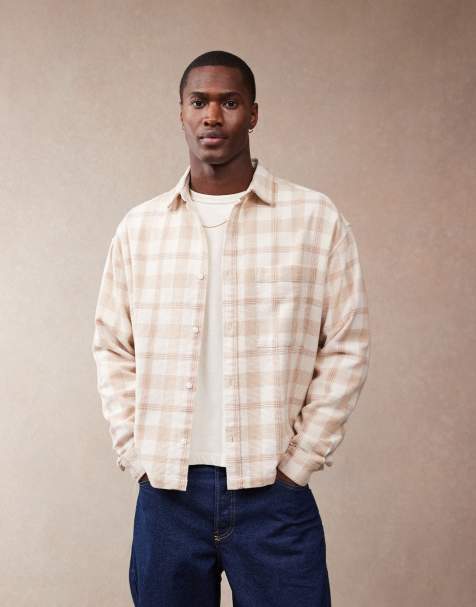 ASOS DESIGN boxy 90s oversized textured shirt in neutral plaid - view 1