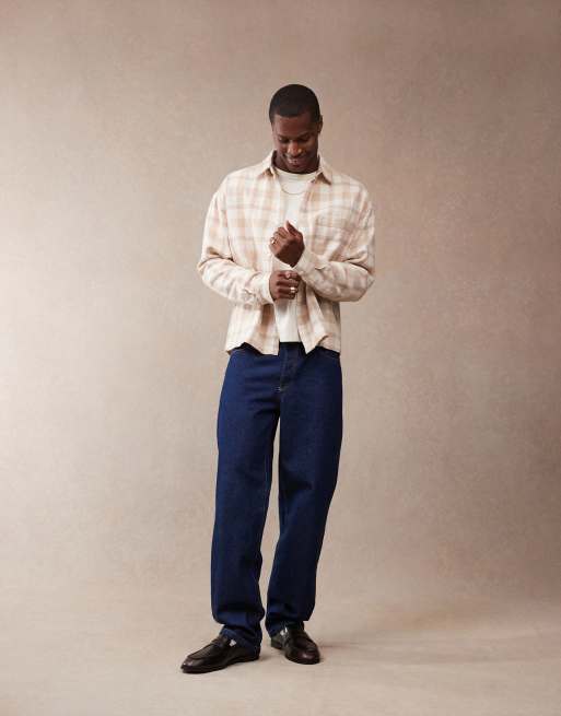 ASOS DESIGN boxy 90s oversized textured shirt in neutral plaid , 2 of 4