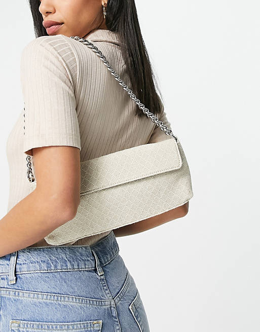 ASOS DESIGN boxy 90s shoulder bag with short flap in patterned linen mix with chain strap