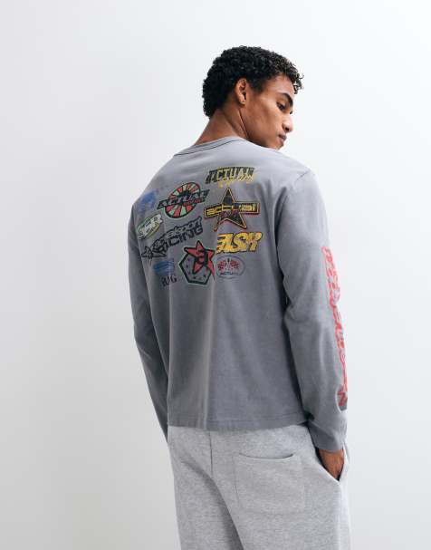 ASOS DESIGN boxy afslappet langærmet T-shirt med print i vasket grå - view 1