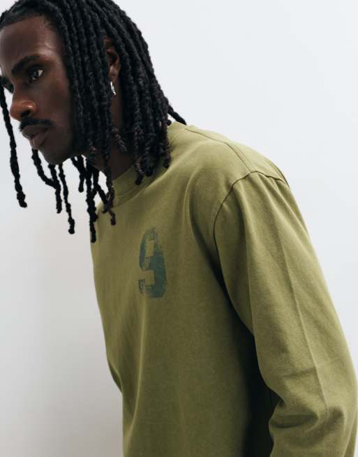 ASOS DESIGN boxy afslappet langærmet T-shirt med talgrafik i vasket grøn, 5 af 5