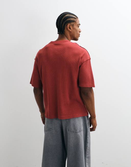 ASOS DESIGN boxy afslappet T-shirt med rå sømme i vasket rød waffle, 4 af 5