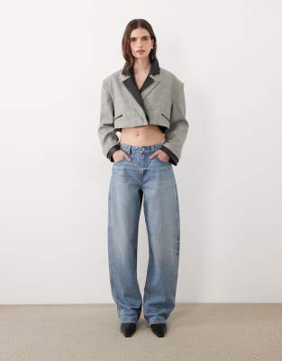 Asos Design Boxy Blazer With Faux Leather Double Collar Detail In Gold