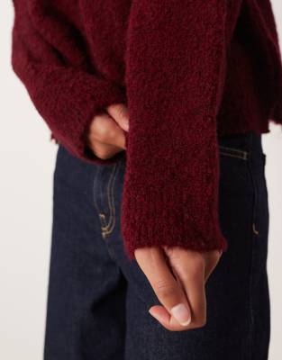 Asos Design Boxy Boucle Crew Neck Sweater In Burgundy