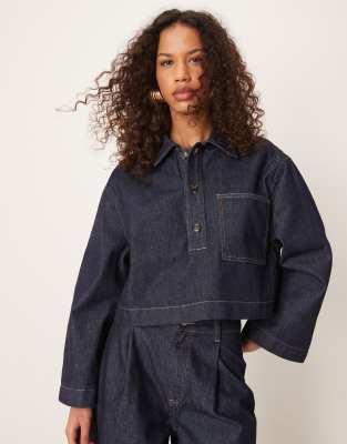 boxy button down denim shirt in rinse wash-Blue