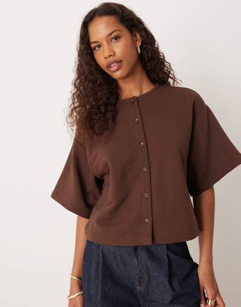 ASOS DESIGN boxy button through sweat top in brown - view 1