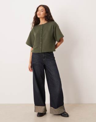 Asos Design Boxy Button Through Sweat Top In Gray