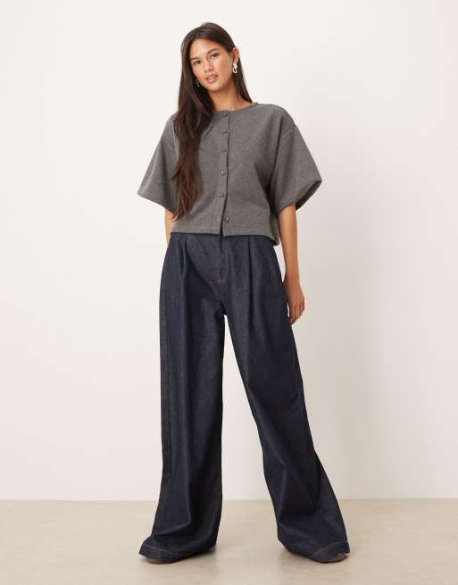ASOS DESIGN boxy button through sweats top in charcoal
