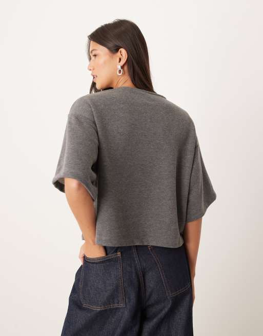 ASOS DESIGN boxy button through sweats top in charcoal