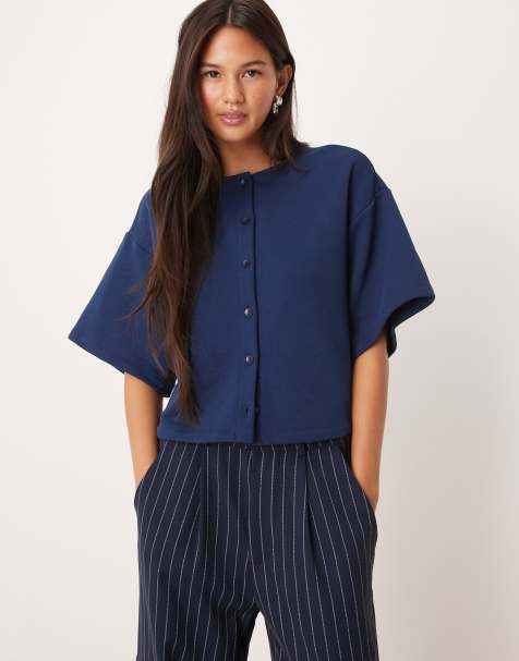 ASOS DESIGN boxy button through sweats top in navy - view 1