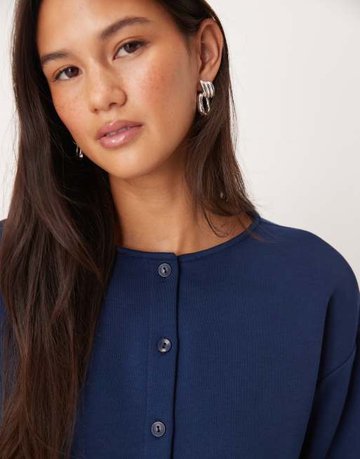 ASOS DESIGN boxy button through sweats top in navy