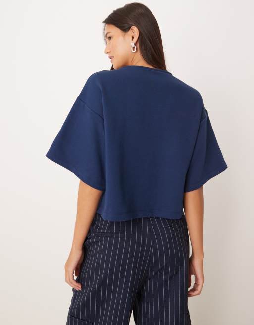 ASOS DESIGN boxy button through sweats top in navy