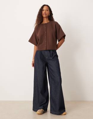 Asos Design Boxy Button Up Sweatshirt Top In Brown
