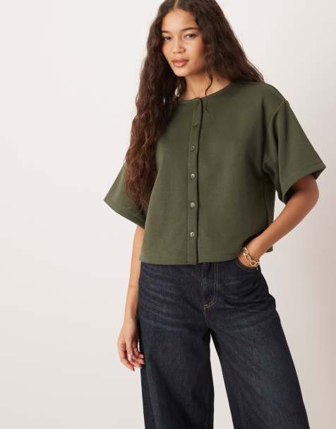 ASOS DESIGN boxy button up sweatshirt top in khaki green - view 1