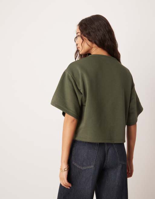 ASOS DESIGN boxy button up sweatshirt top in khaki green, 4 of 4
