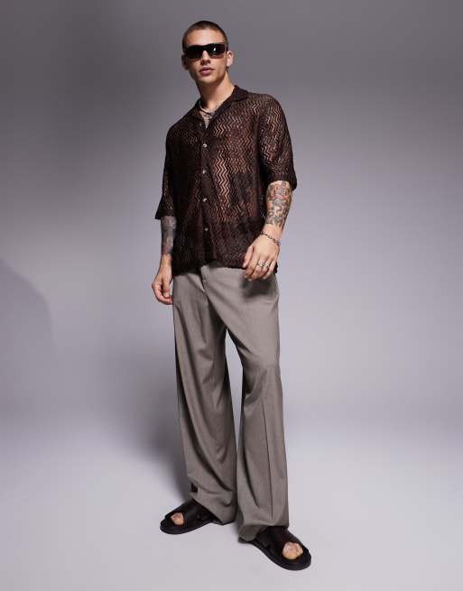 ASOS DESIGN boxy camp collar crochet shirt in brown, 2 of 4