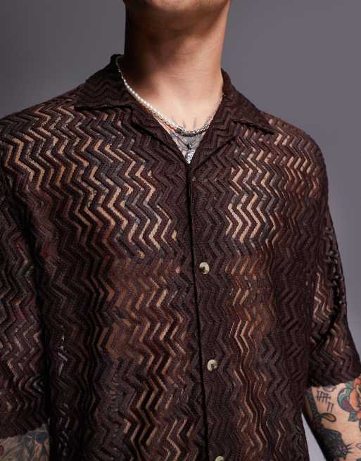ASOS DESIGN boxy camp collar crochet shirt in brown, 3 of 4