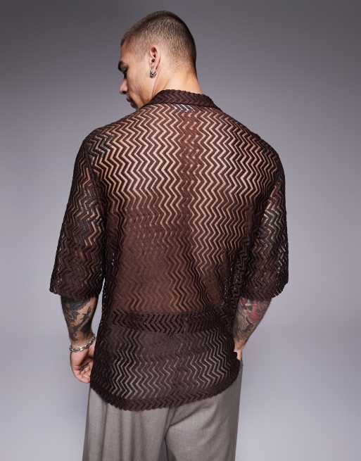 ASOS DESIGN boxy camp collar crochet shirt in brown, 4 of 4