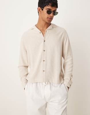 Asos Design Boxy Camp Collar Linen Blend Shirt In Neutral